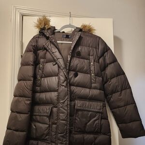 Lands' End Dark Brown Puffer Coat with Faux Fur Hood